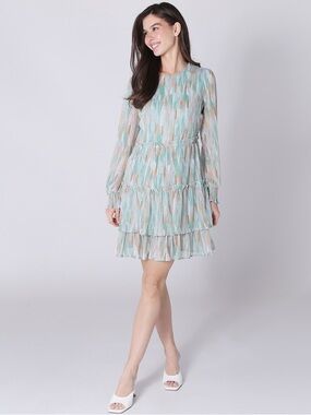 Tiered Long-Sleeve Mini Dress in Mint Multi GREEN MULTI